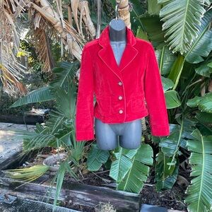 Red velvet fitted jacket with rhinestone buttons